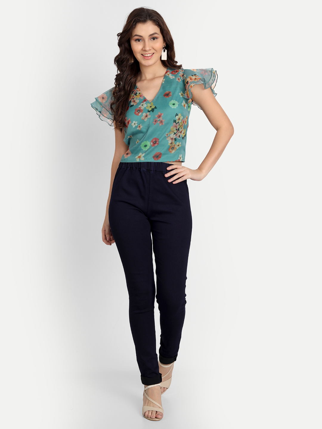 AngelFab Women Elastic Belt Navy Blue Jegging