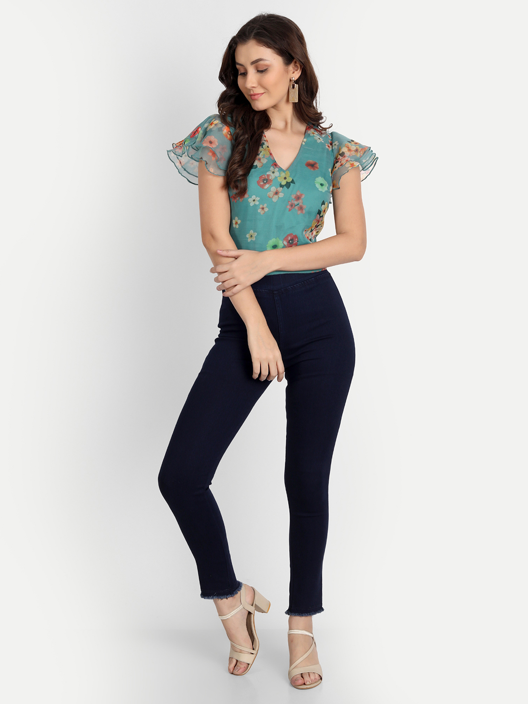 AngelFab Women Elastic Belt 1line Royal Blue Jegging