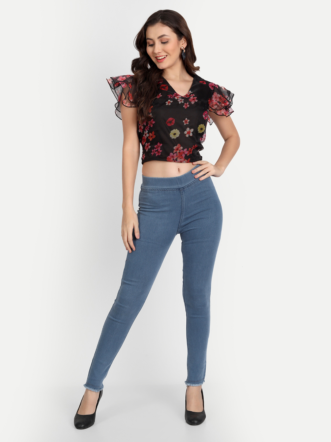 AngelFab Women Elastic Belt 1line Dark Blue Jegging