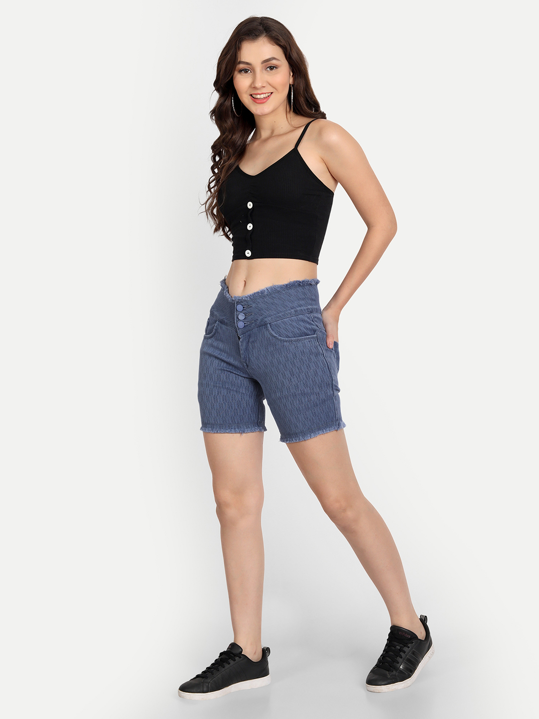 AngelFab Women 3 Button Dark Blue Short