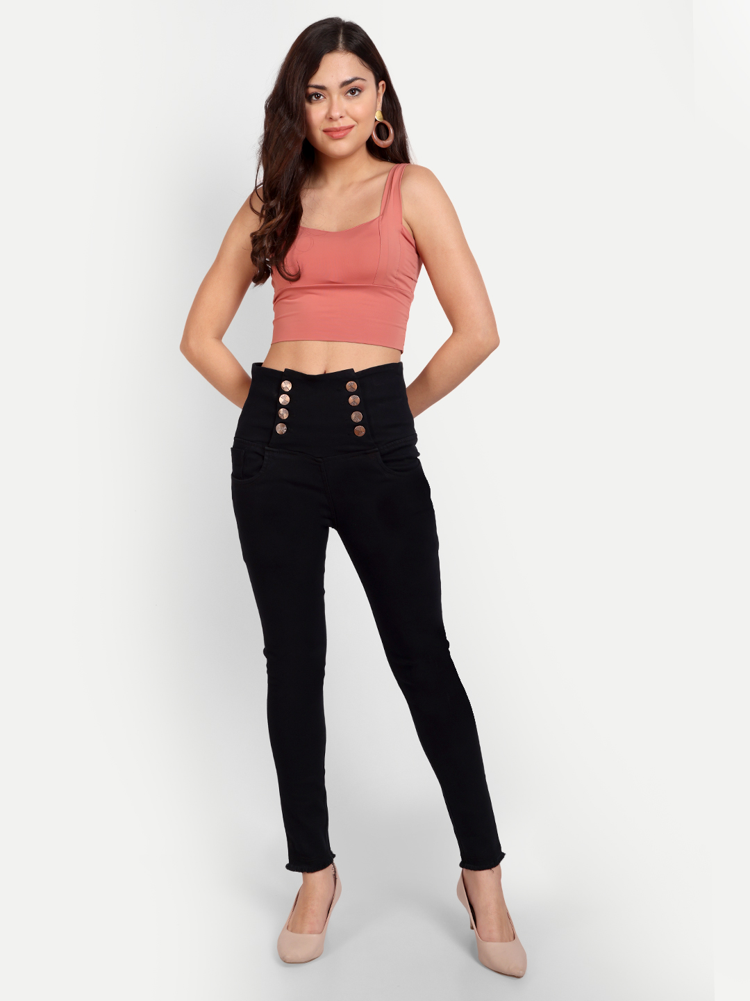 AngelFab Women 8 Button Black Jeans