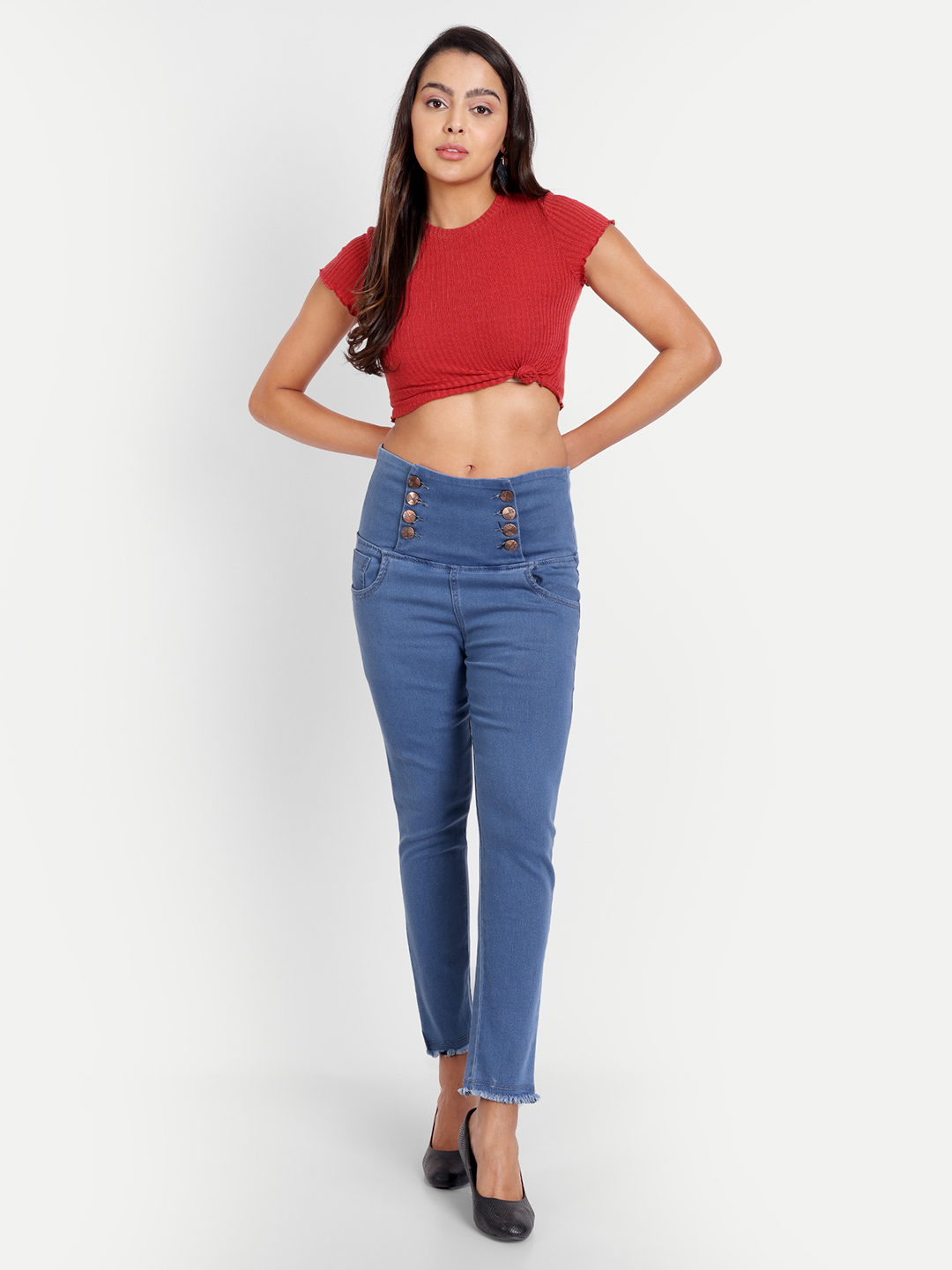 AngelFab Women 8 Button Dark Blue Jeans