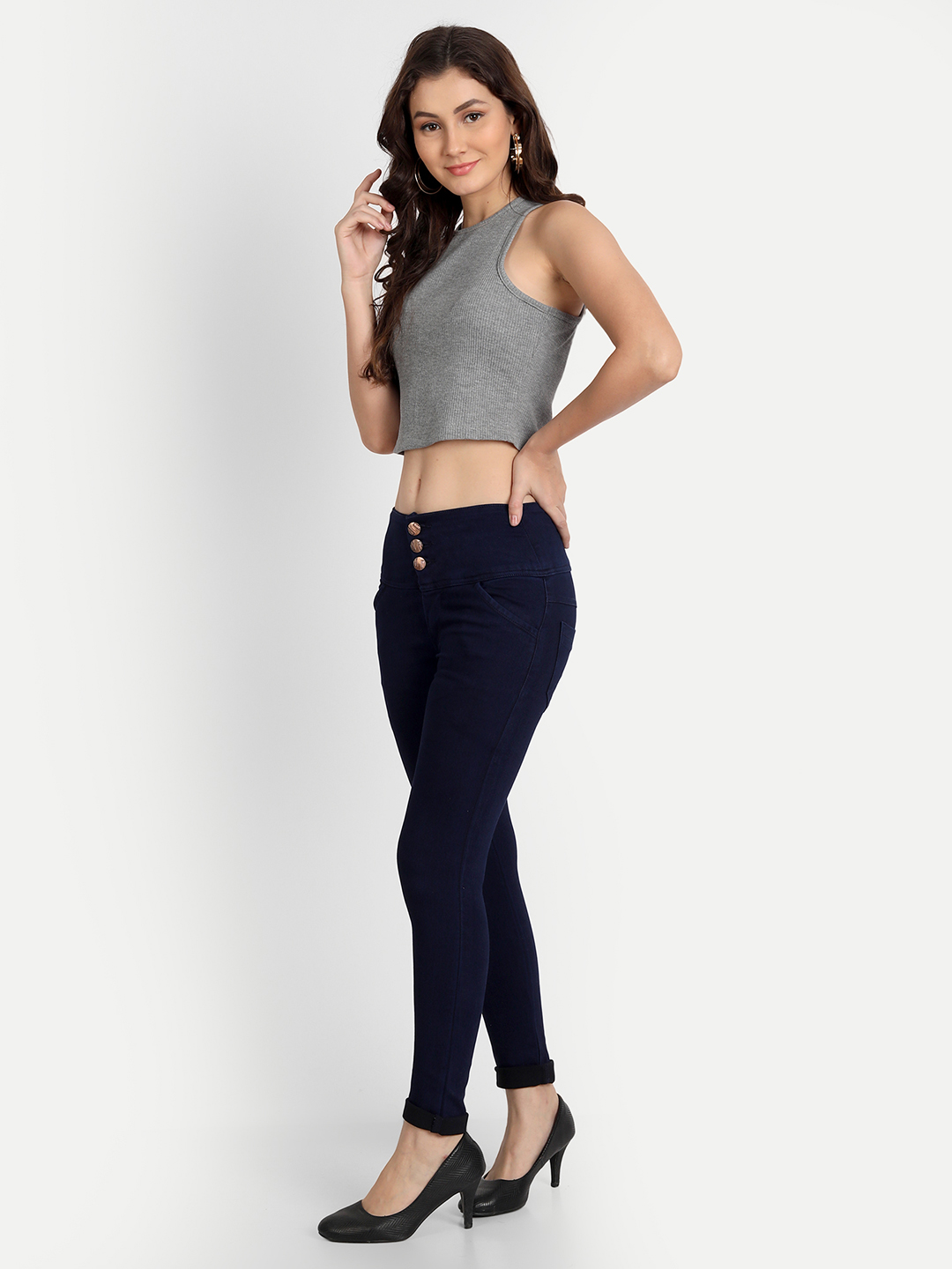 AngelFab Women 3 Button Navy Blue Jeans