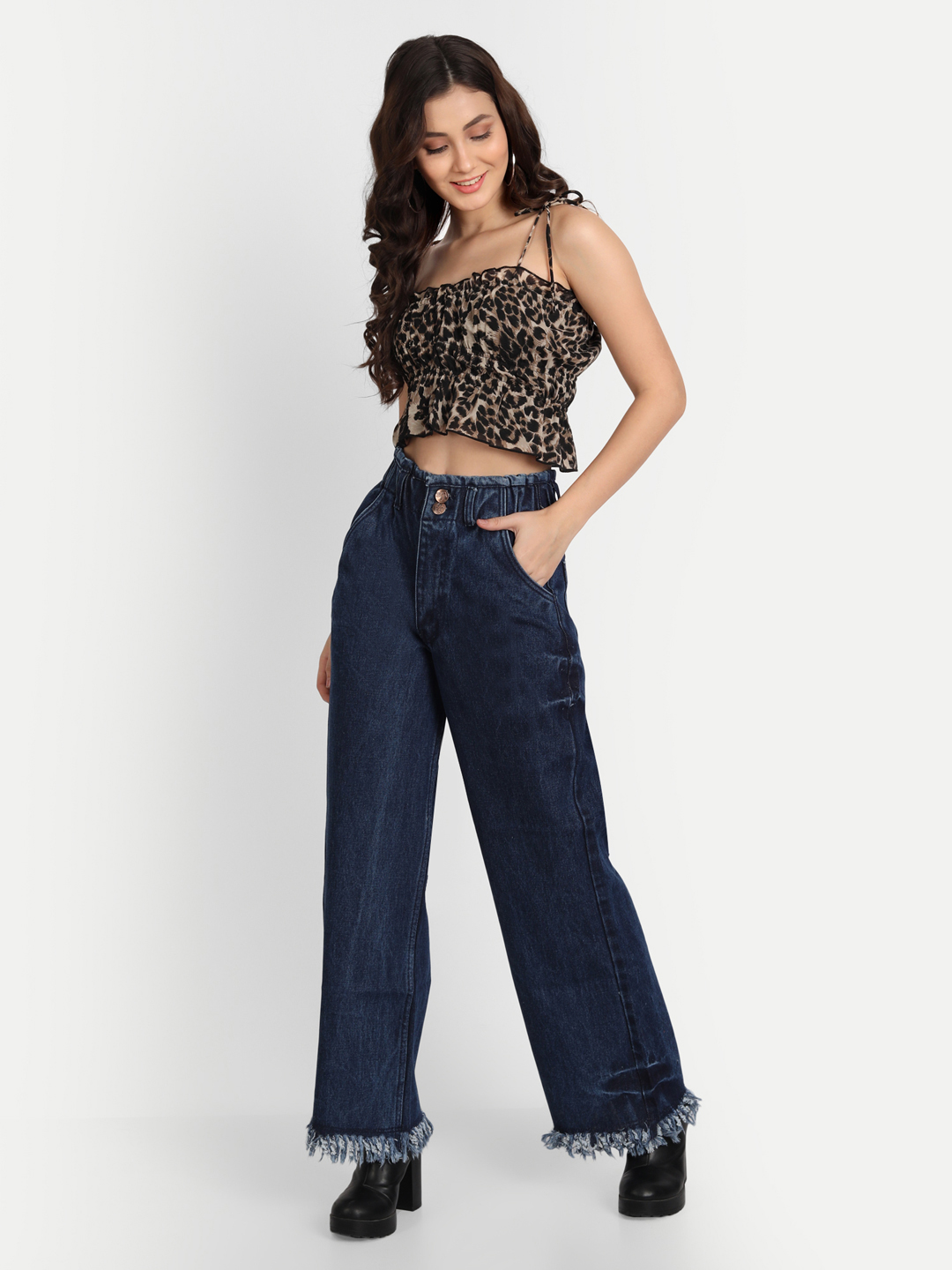 AngelFab Women 2B Wideleg Navy Blue Jeans