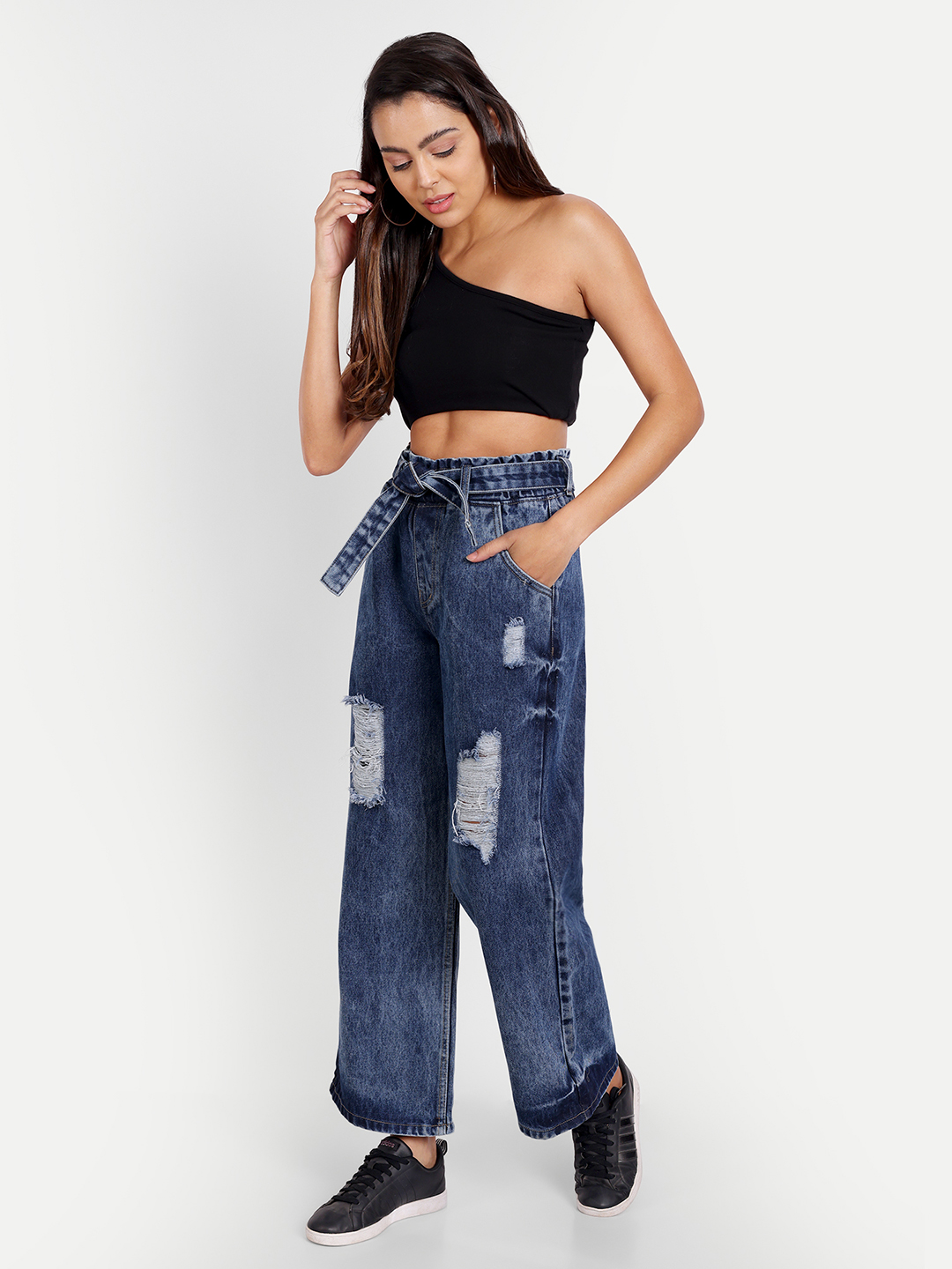 AngelFab Women S.Belt Wideleg Royal Blue Jeans