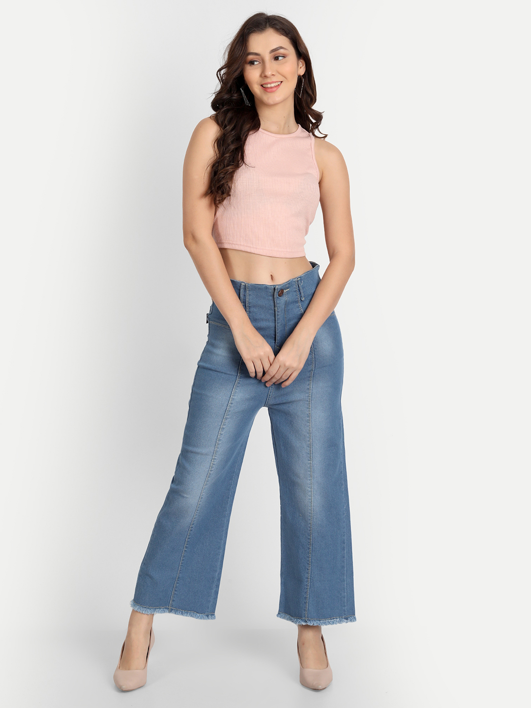 AngelFab Women Wide Leg Pent Sky Blue Jeans