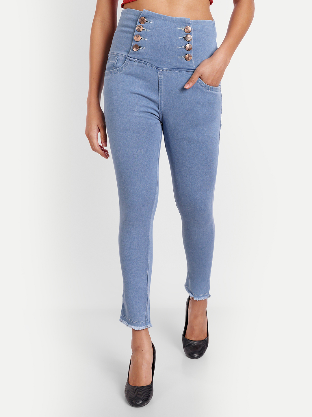 2 AngelFab Women 8 Button Sky Blue Jeans