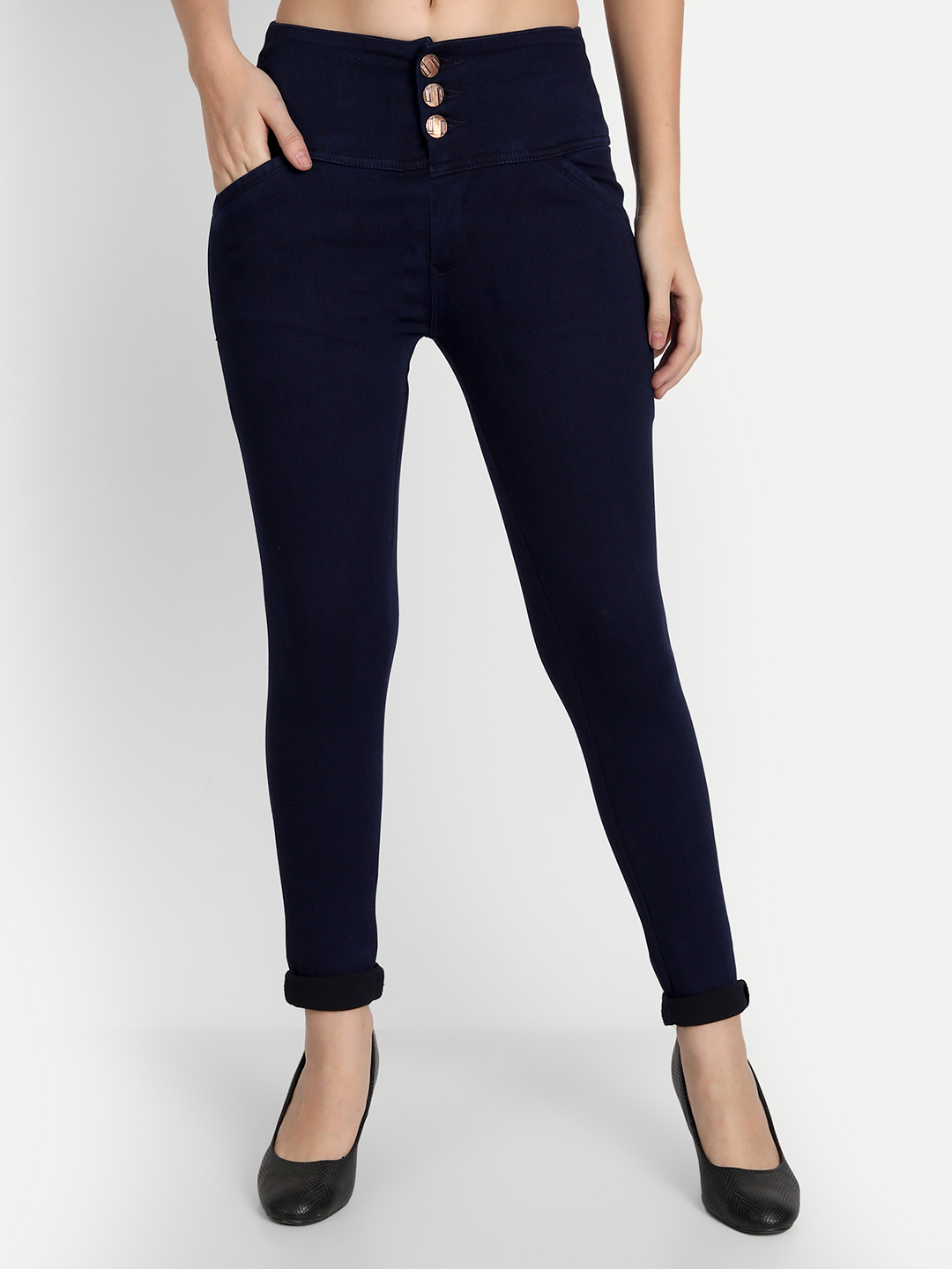 2 AngelFab Women 3 Button Navy Blue Jeans