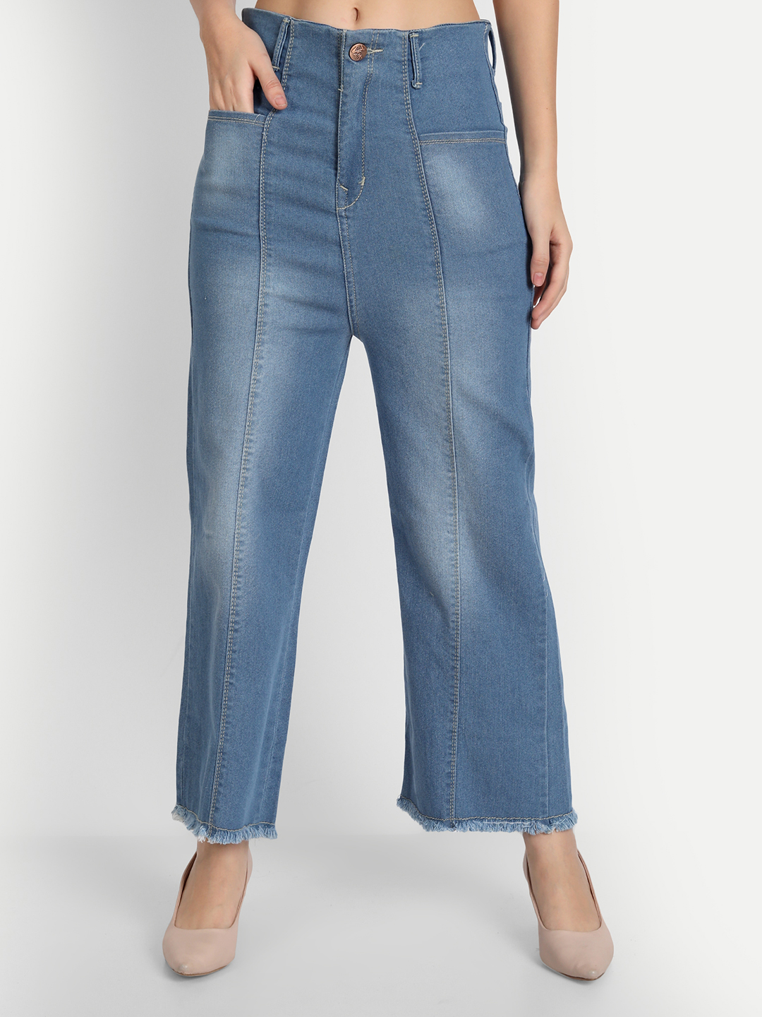 AngelFab Women Wide Leg Pent Sky Blue Jeans