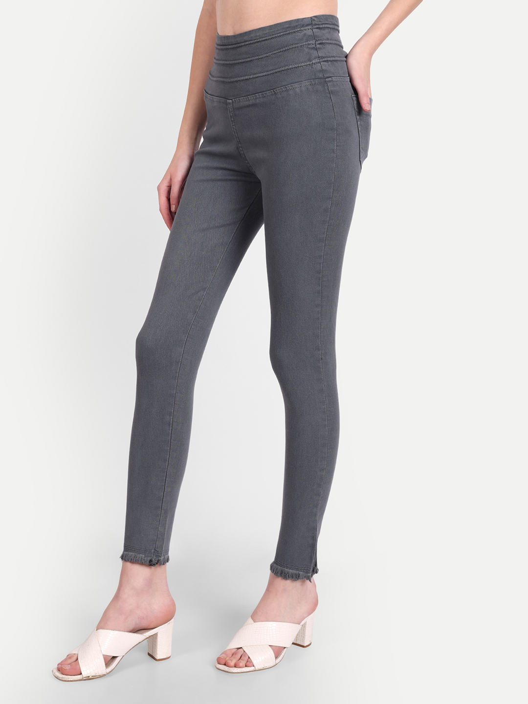 AngelFab Women Broad Belt 3line Grey Jegging