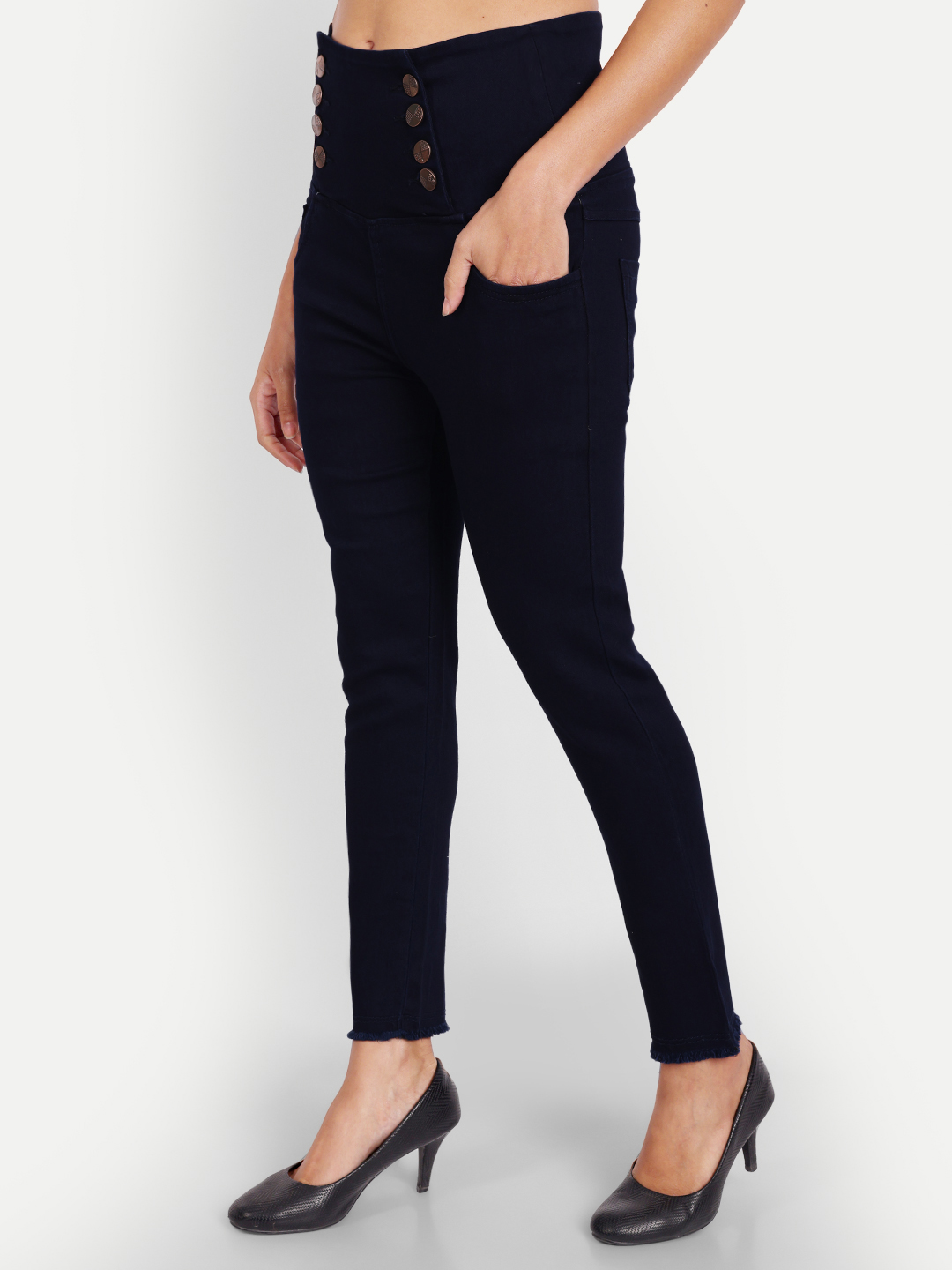 3 AngelFab Women 8 Button Navy Blue Jeans