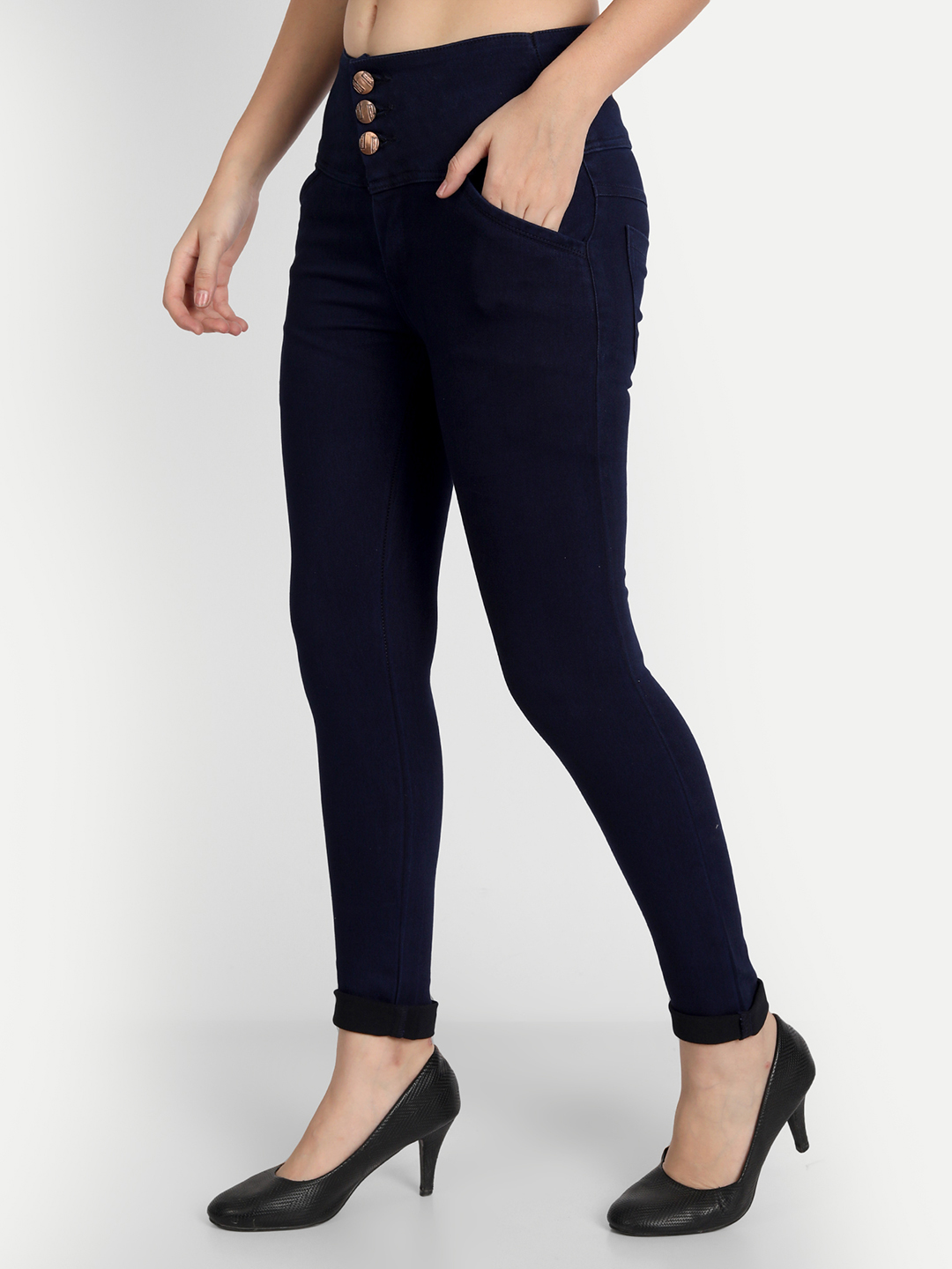 3 AngelFab Women 3 Button Navy Blue Jeans