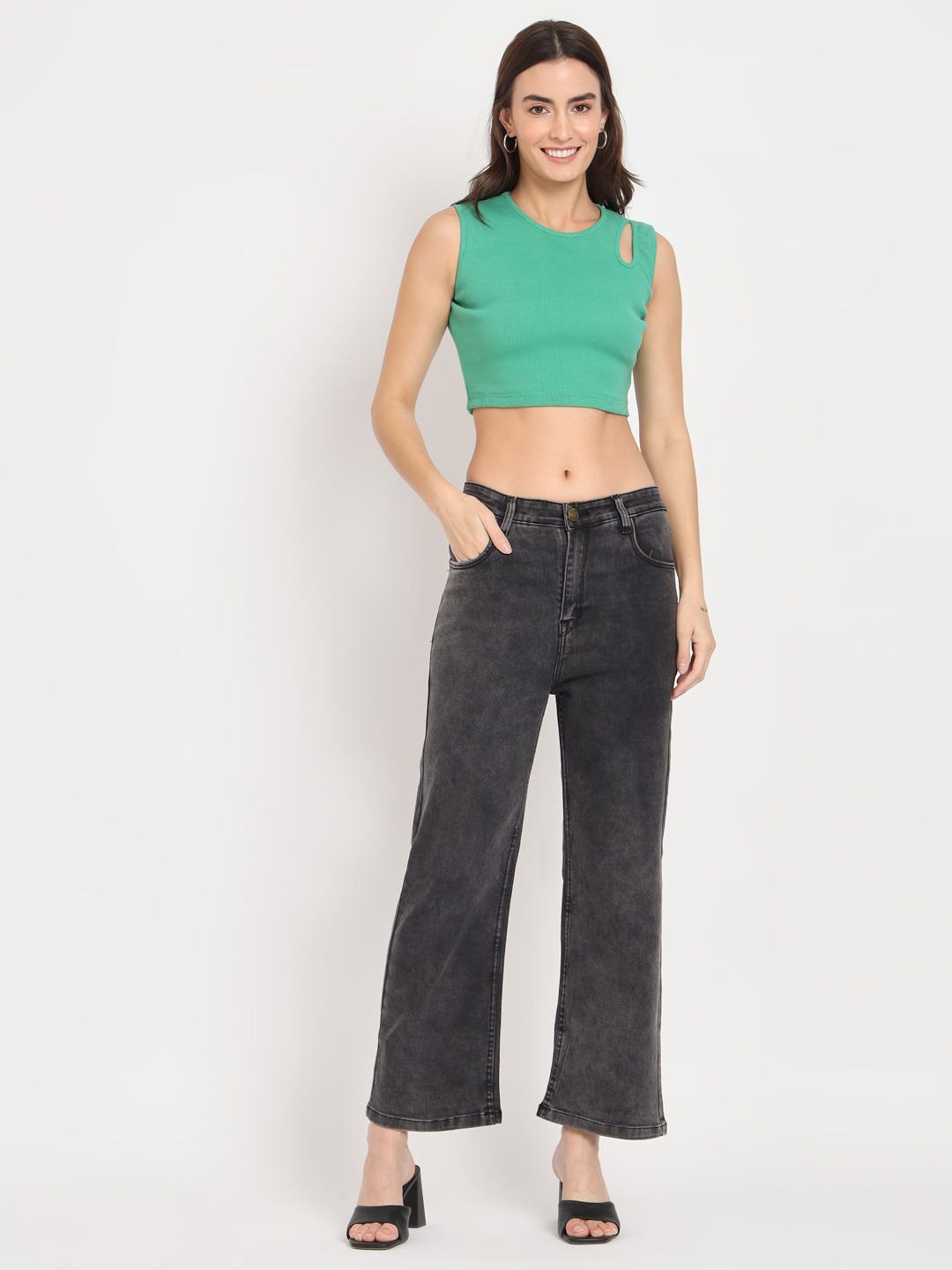 AngelFab Women Straight Carban Black Jeans