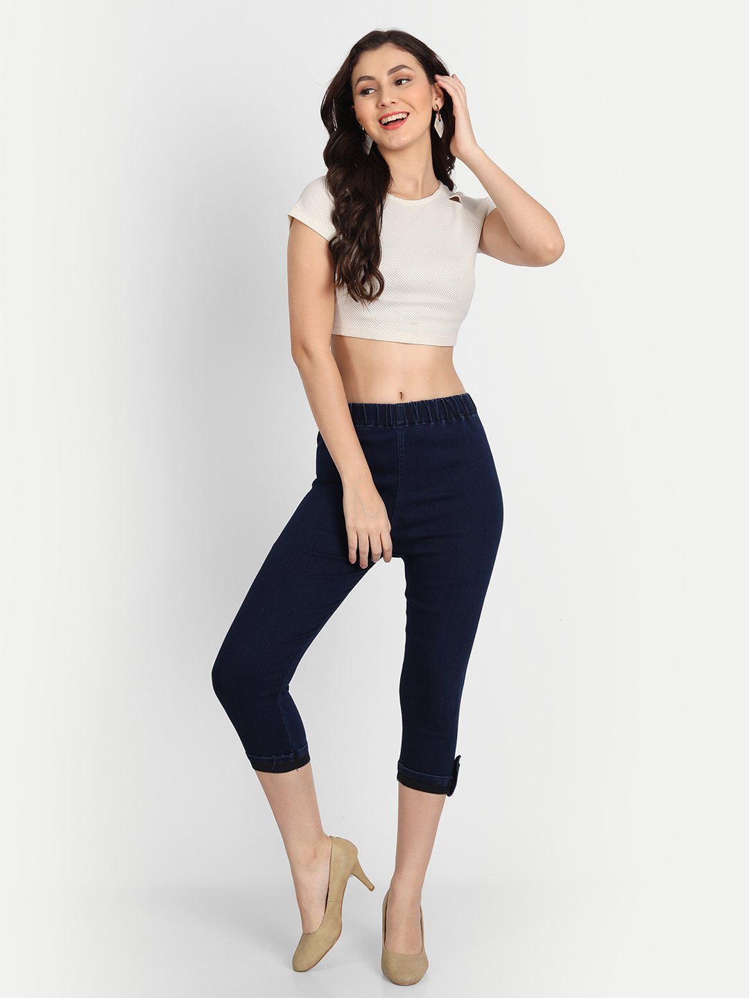 AngelFab Women Elastic Belt Royal Blue Capri