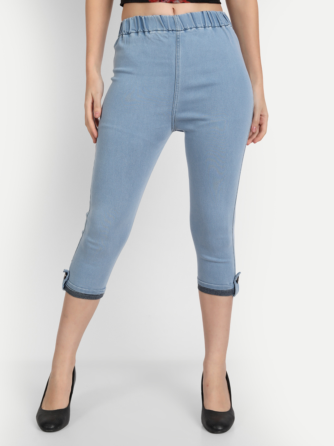 AngelFab Women Elastic Belt Sky Blue Capri