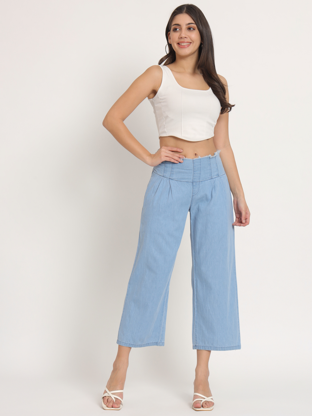 AngelFab Women Relaxed Fit Sky Blue Trouser